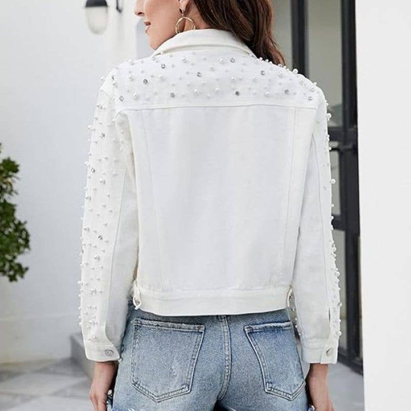 Pearlies & Crystals Embellished Denim Jacket: Cream