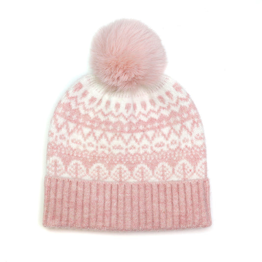 SOFT PINK FAIR ISLE KNIT POMPOM HAT