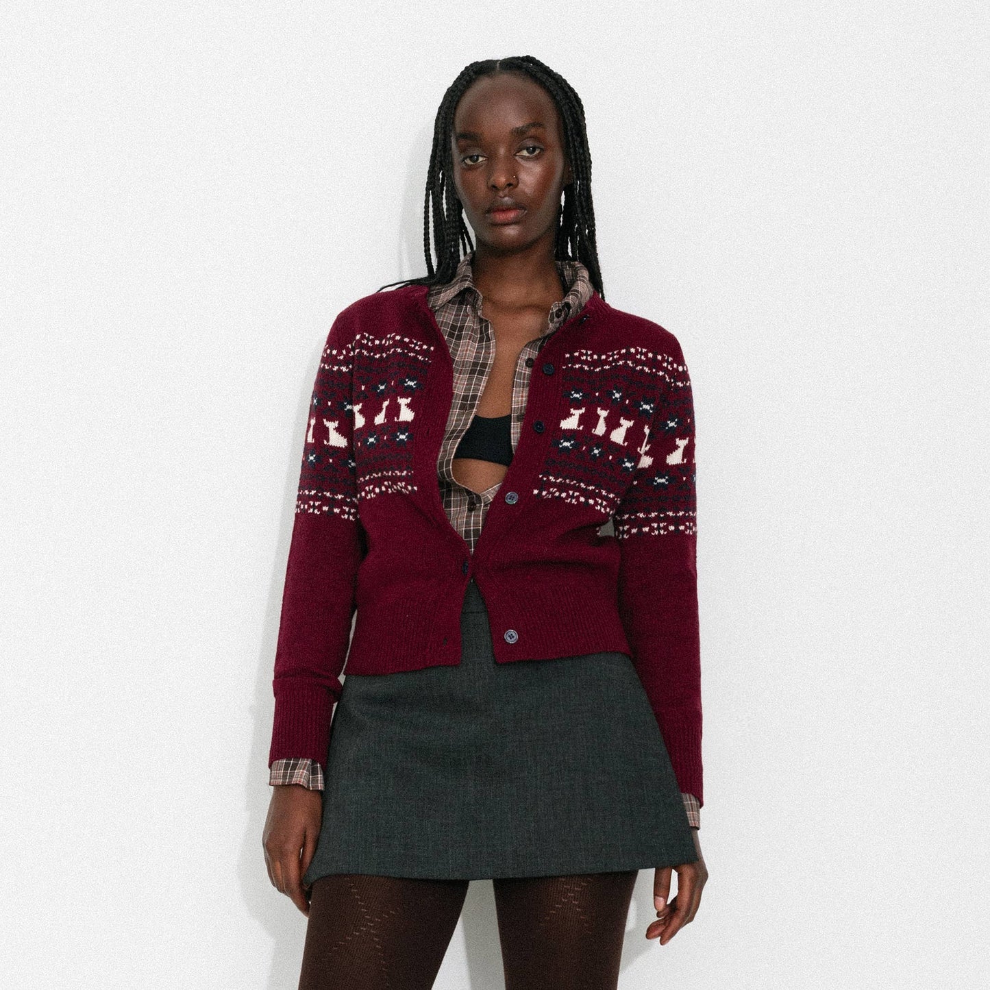 CUBIC Cat Print Fair Isle Wool-Blend Cardigan: Gray / M