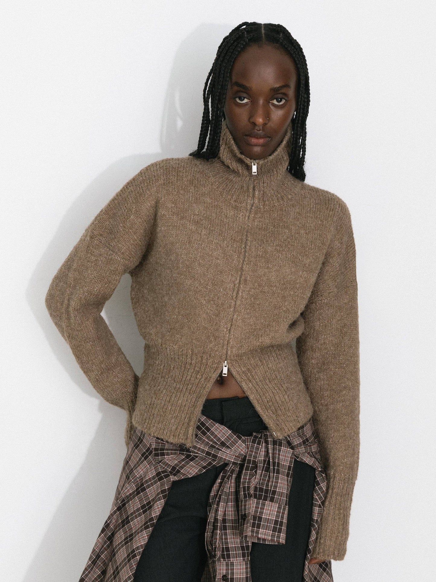 Retro Stand Collar Zip-Up Cardigan: Khaki / M