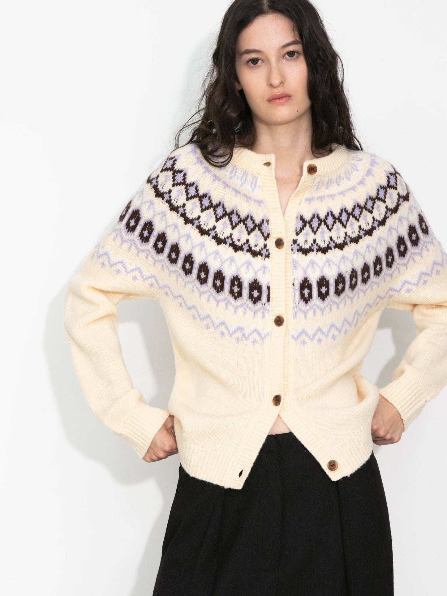 100% Wool Fair Isle Wool Knit Cardigan: Brown / S