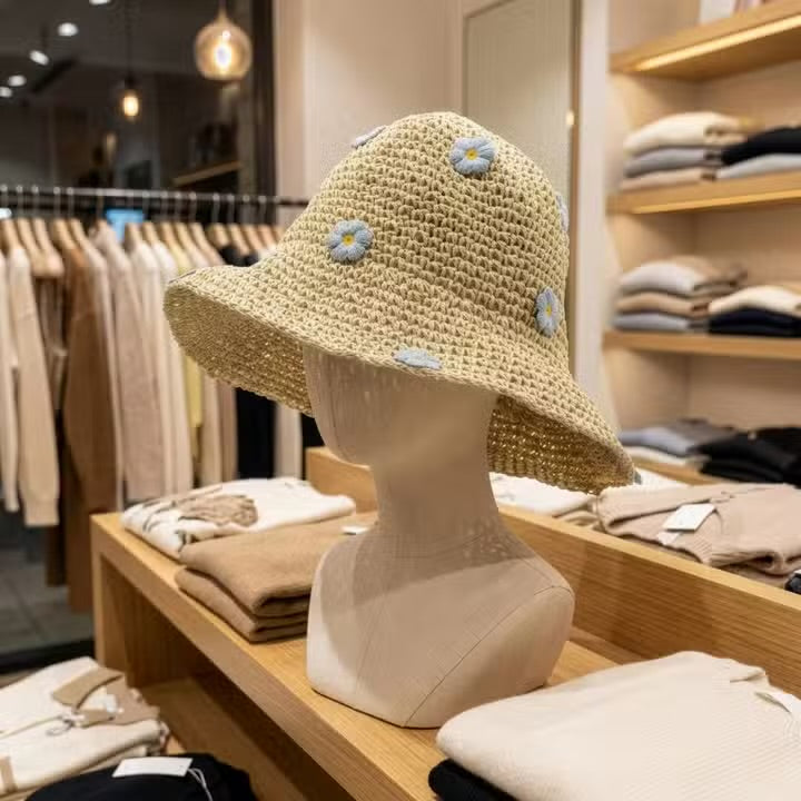 Floppy Straw Hat Blue Flowers