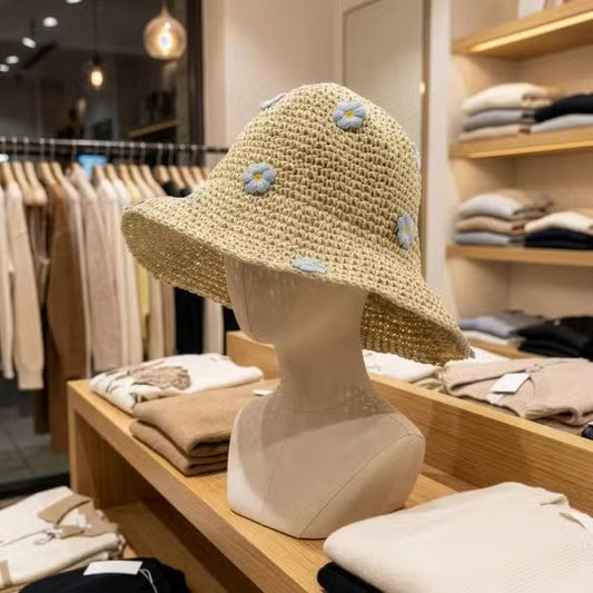 Floppy Straw Hat Blue Flowers