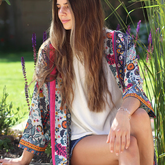 Long blue and pink mix ornate floral and border print kimono