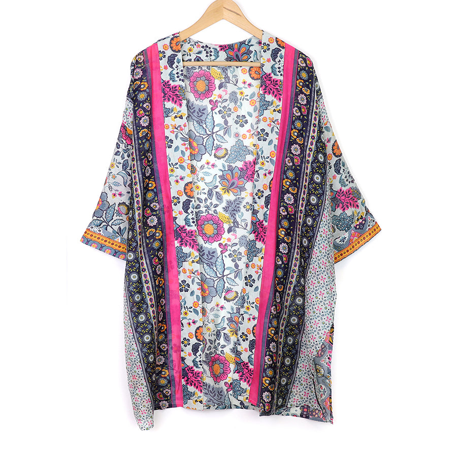 Long blue and pink mix ornate floral and border print kimono