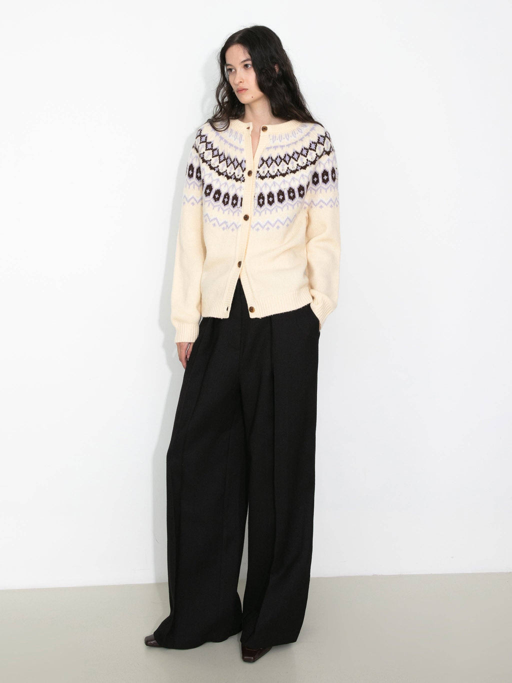 100% Wool Fair Isle Wool Knit Cardigan: Brown / S