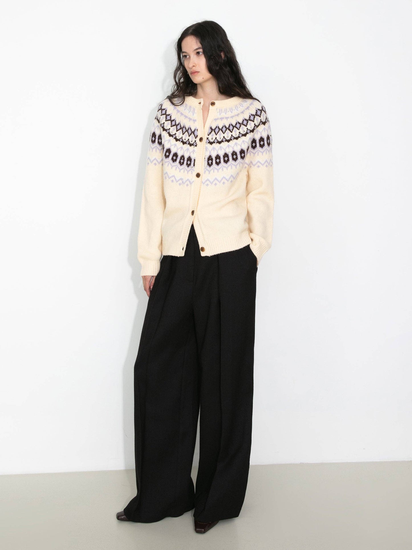 100% Wool Fair Isle Wool Knit Cardigan: Brown / S
