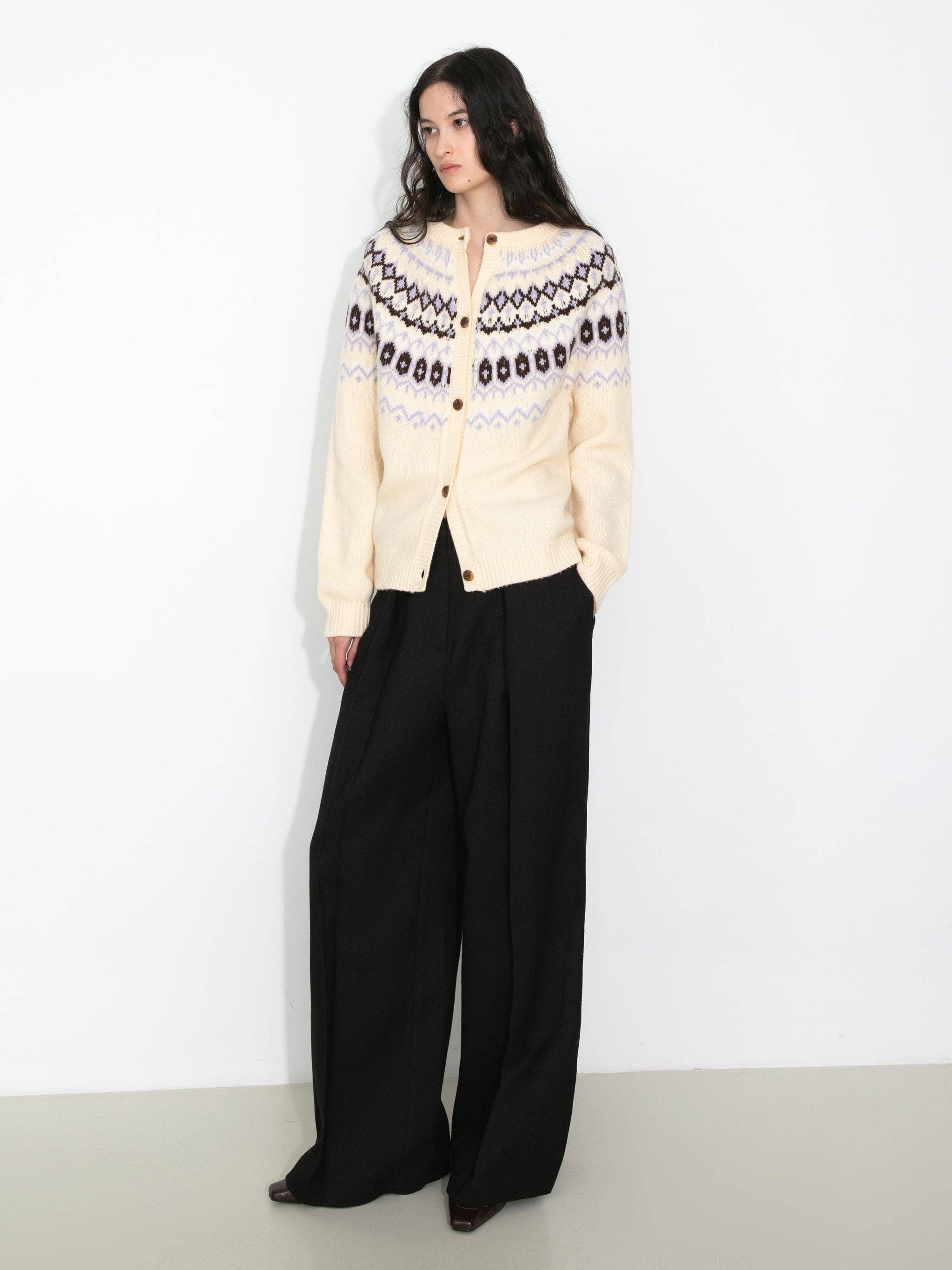 100% Wool Fair Isle Wool Knit Cardigan: Brown / S