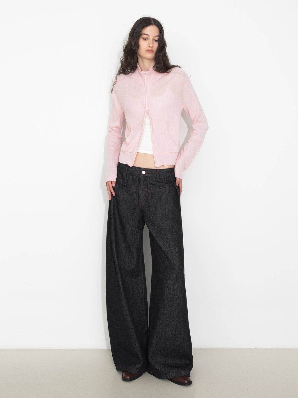 Vintage Curved Wide-Leg Trousers: Navy / M