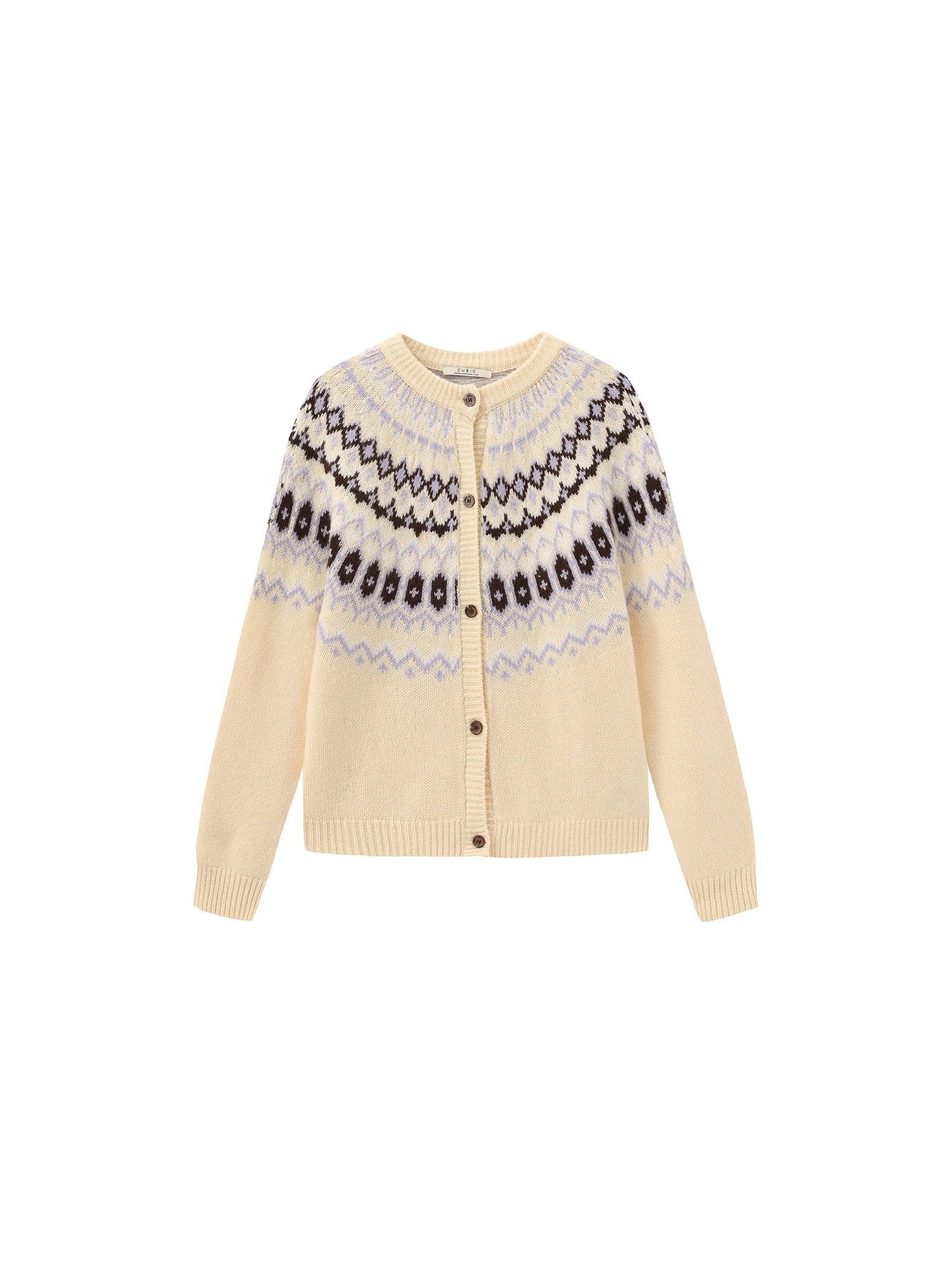 100% Wool Fair Isle Wool Knit Cardigan: Brown / S
