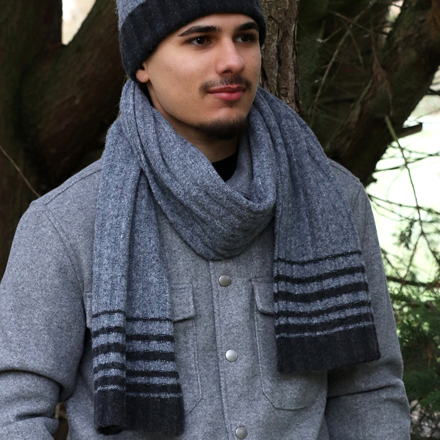 Grey and Charcoal gradient stripe knit scarf