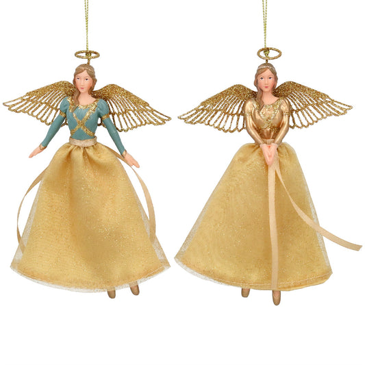 Resin Dec 15cm - Gold/Green Fabric Angel