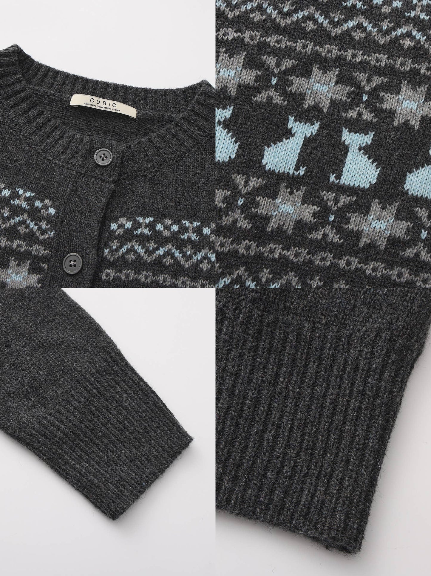 CUBIC Cat Print Fair Isle Wool-Blend Cardigan: Gray / M