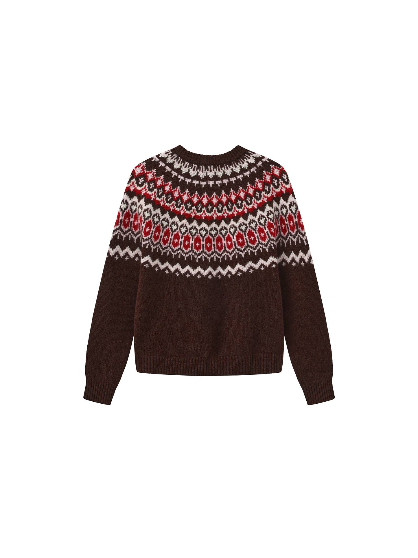 100% Wool Fair Isle Wool Knit Cardigan: Brown / S