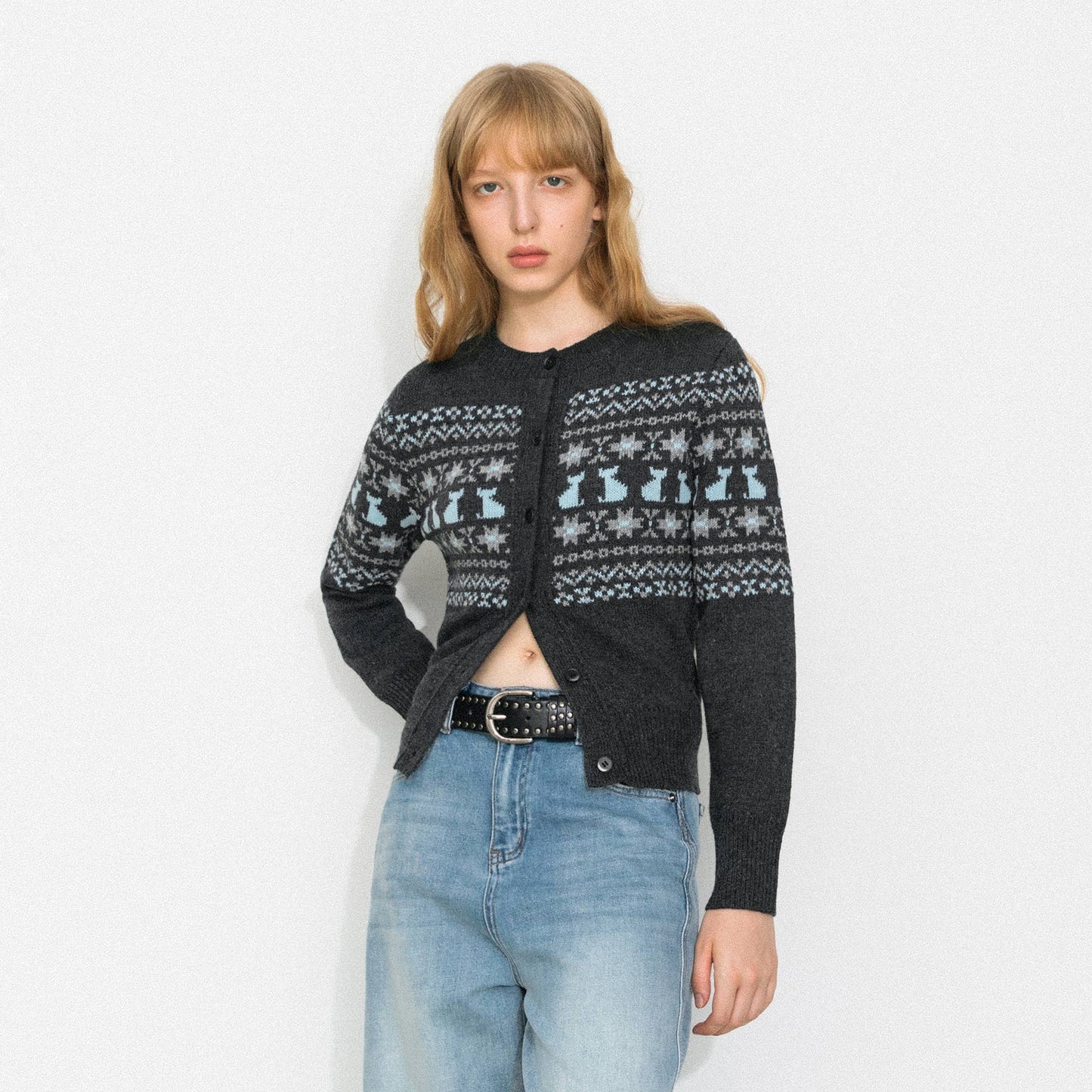 CUBIC Cat Print Fair Isle Wool-Blend Cardigan: Gray / M