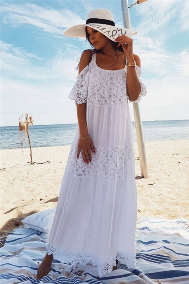 Lace Flowy White Beach Cover-Up Maxi Dress