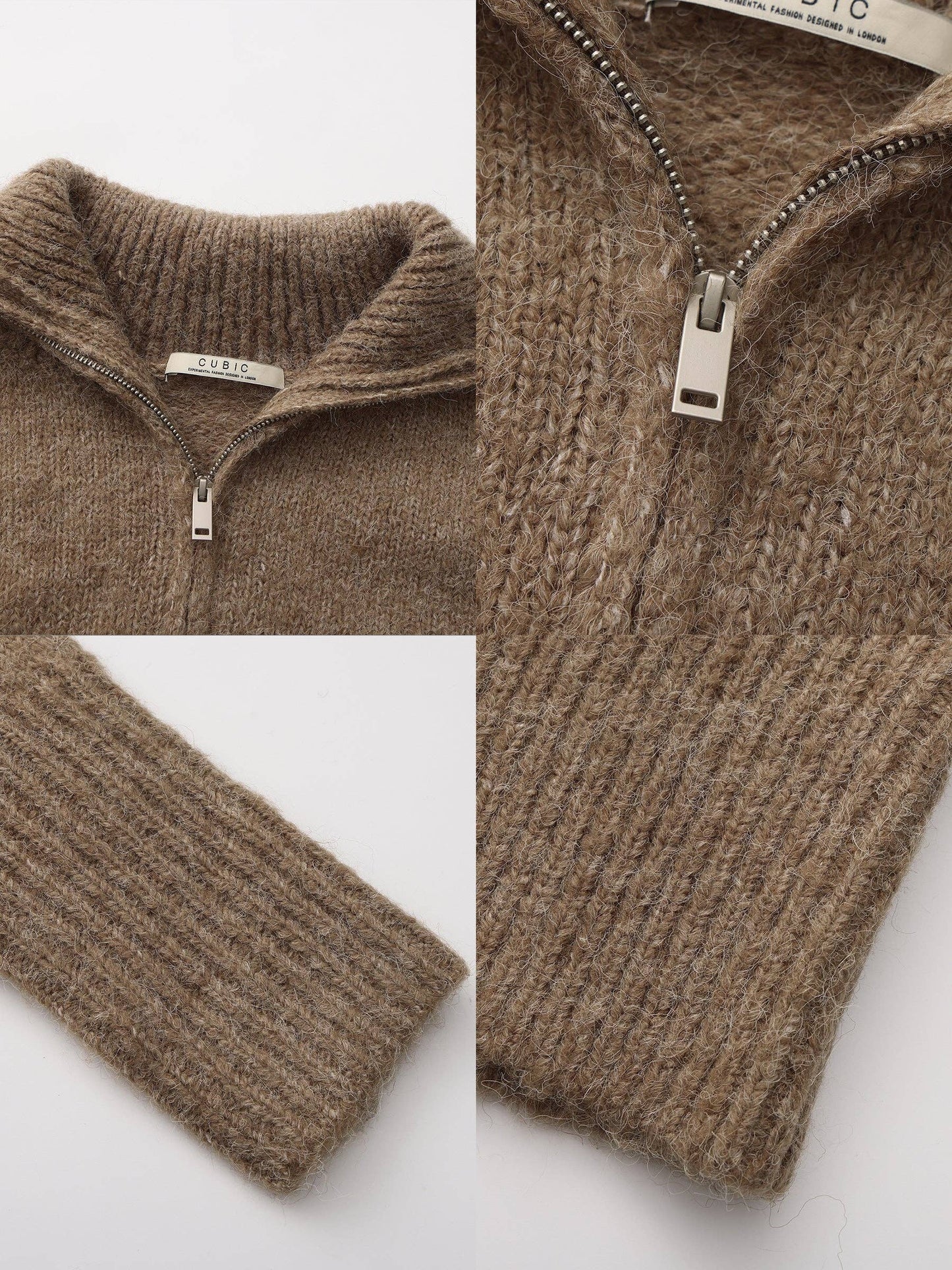 Retro Stand Collar Zip-Up Cardigan: Khaki / M