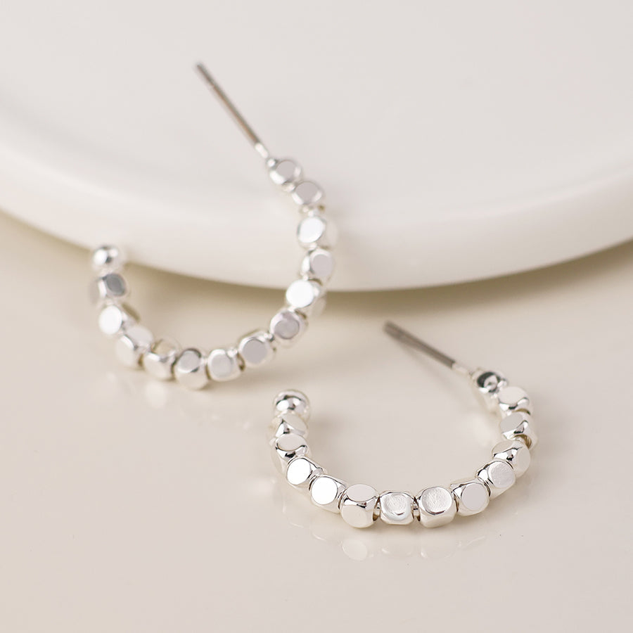 Silver plated cube bead hoop earrings