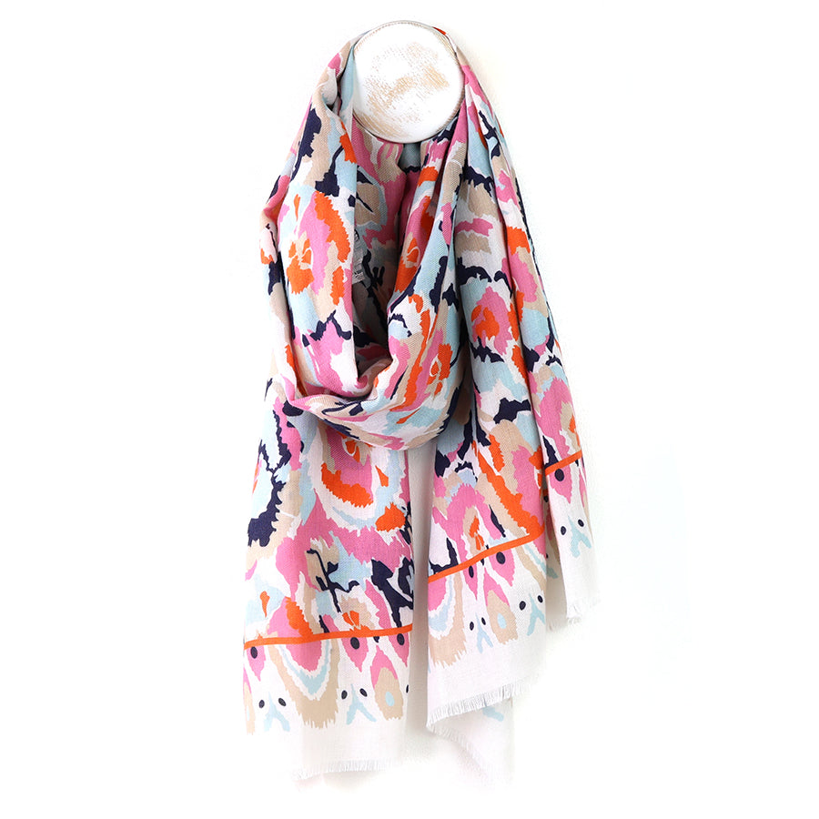 White, coral and navy recycled scarf