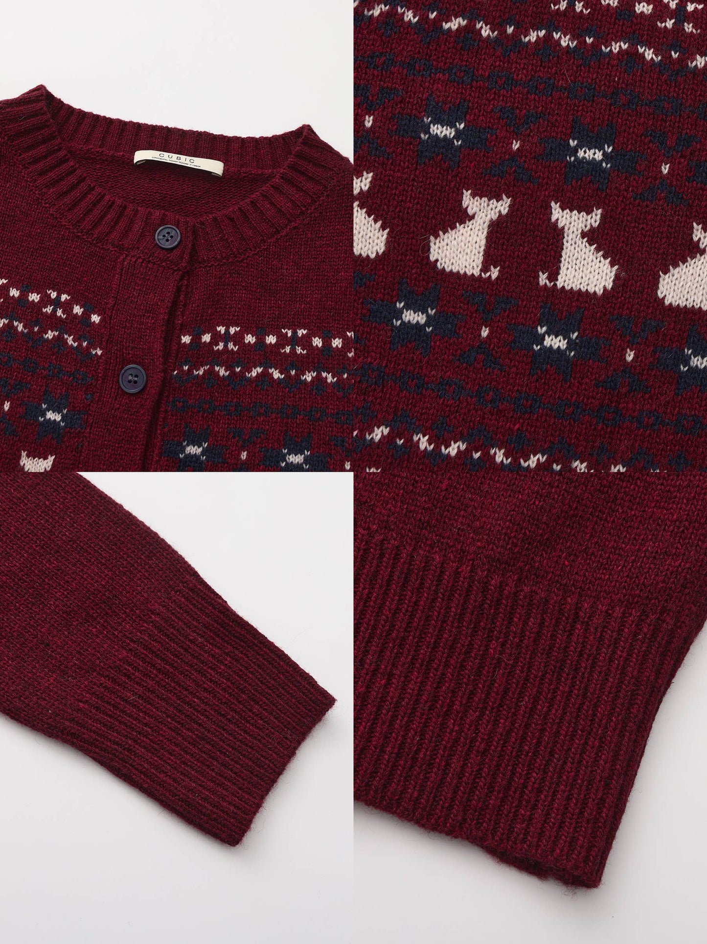 CUBIC Cat Print Fair Isle Wool-Blend Cardigan: Gray / M