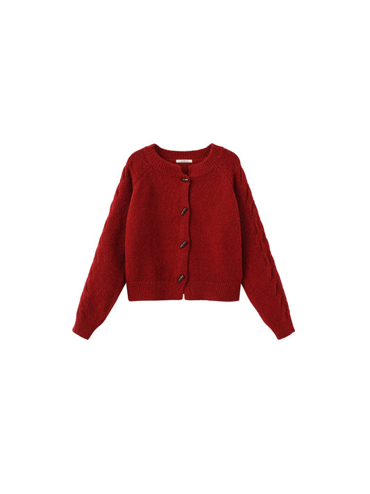 Crew Neck Short Knit Cardigan : DarkRed / UN