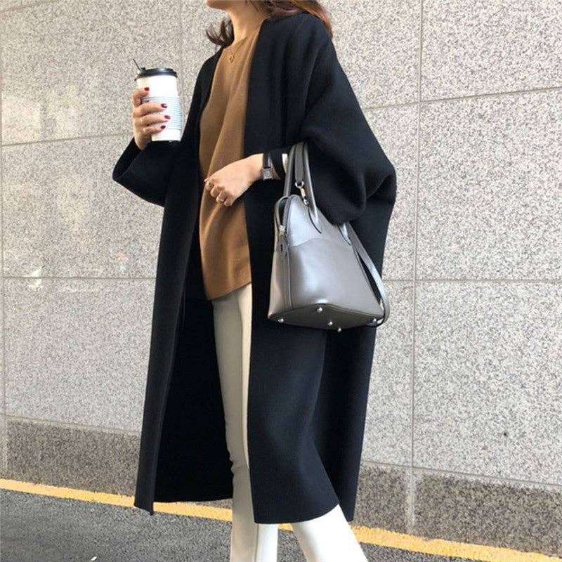 Fashionable Loose-Fitting Solid Color Coat - Navy