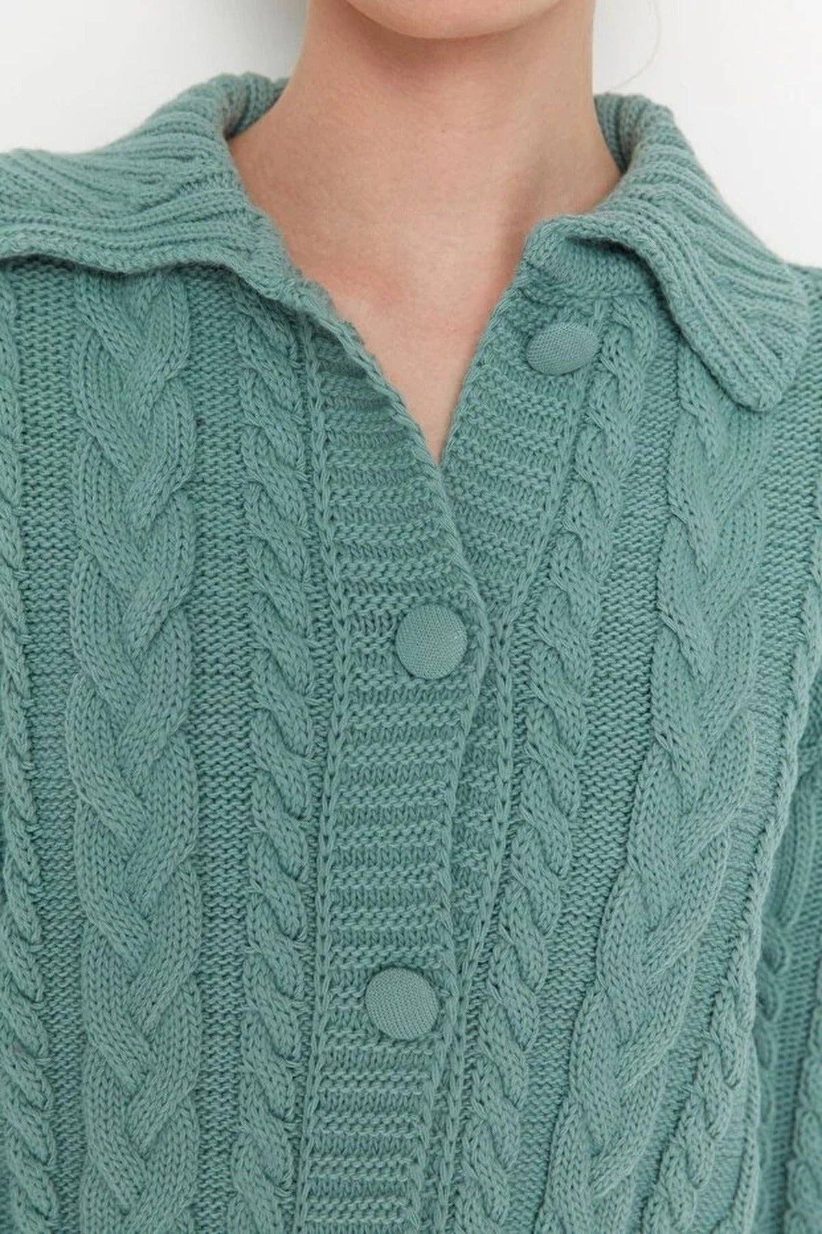 Crop Polo Neck Knit Cardigan with Covered Button Detail: Mint / M