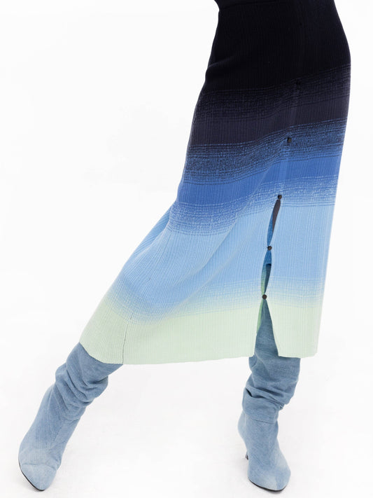 Gradient Buttoned Knit Midi Skirt: Blue / M