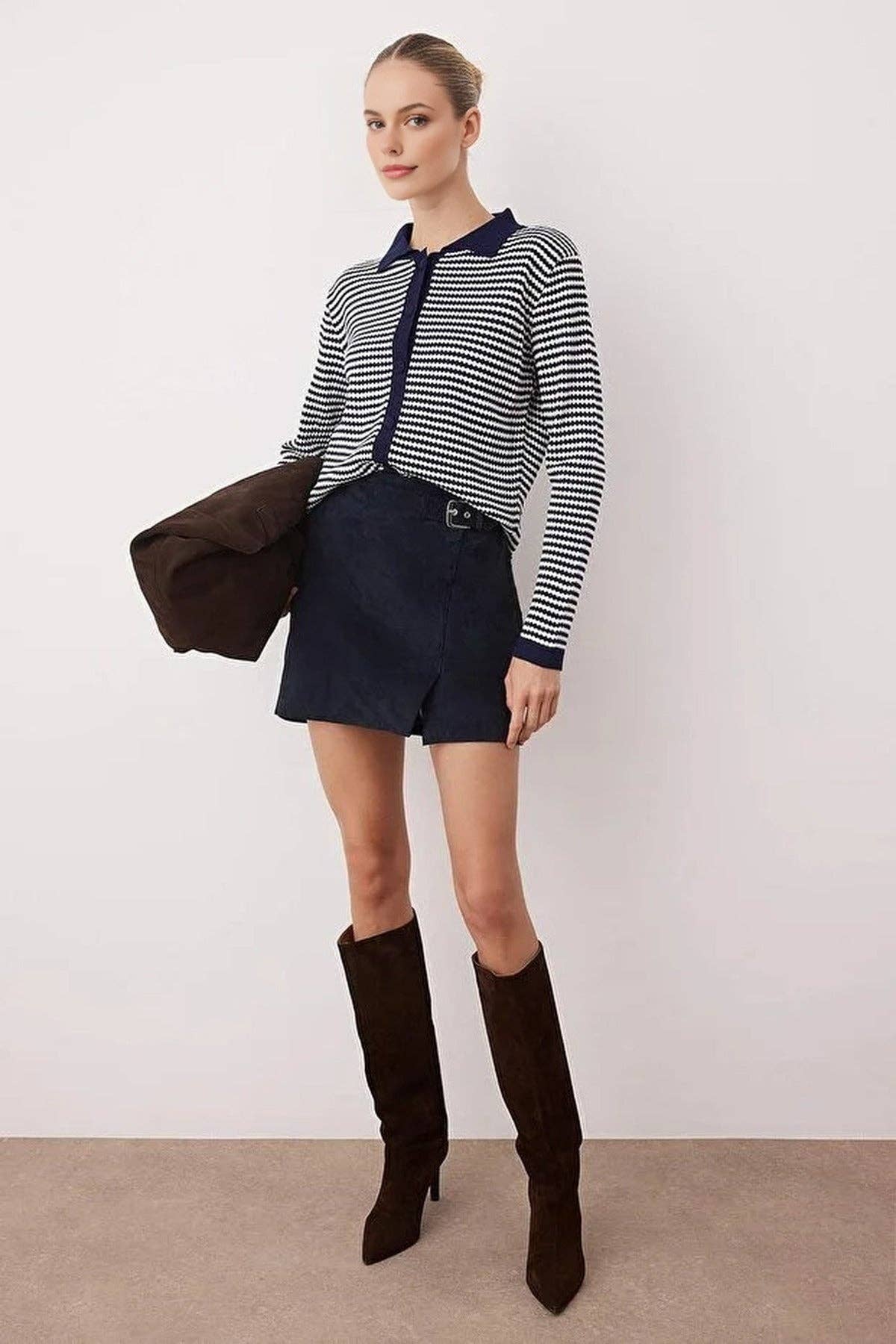 Striped Polo Neck Knit Cardigan: Red / S