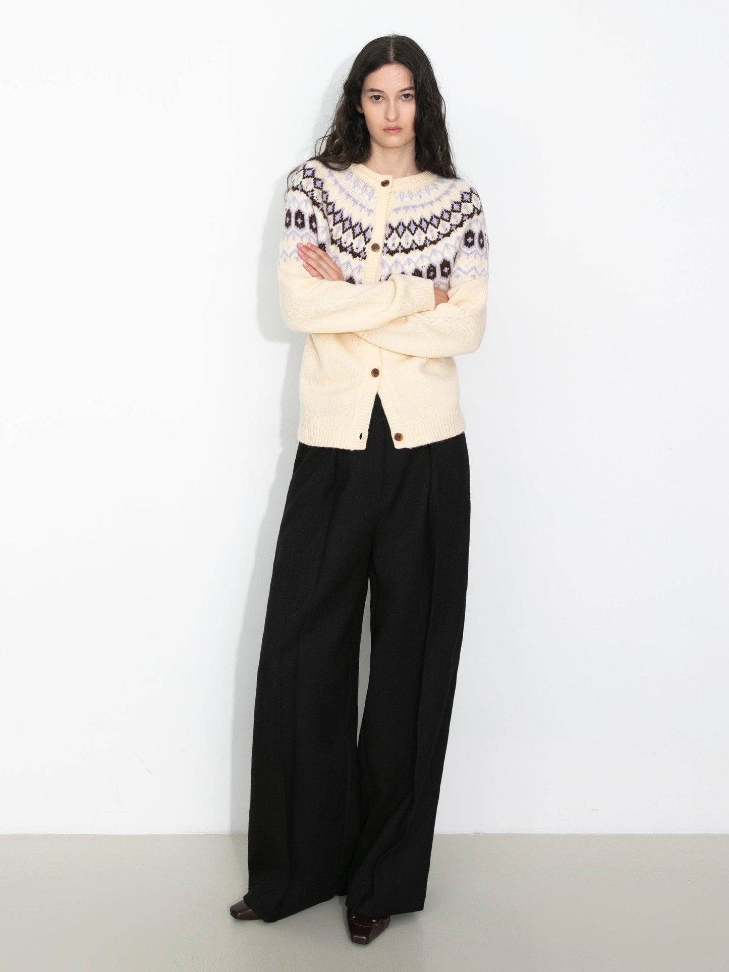 100% Wool Fair Isle Wool Knit Cardigan: Brown / S