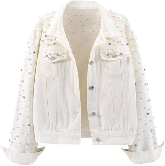 Pearlies & Crystals Embellished Denim Jacket: Cream