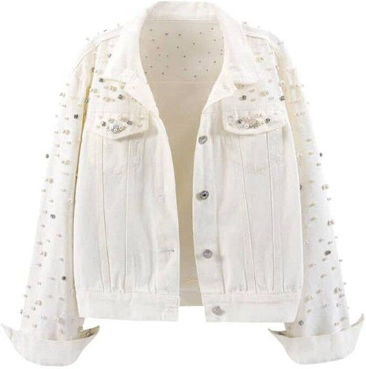 Pearlies & Crystals Embellished Denim Jacket: Cream