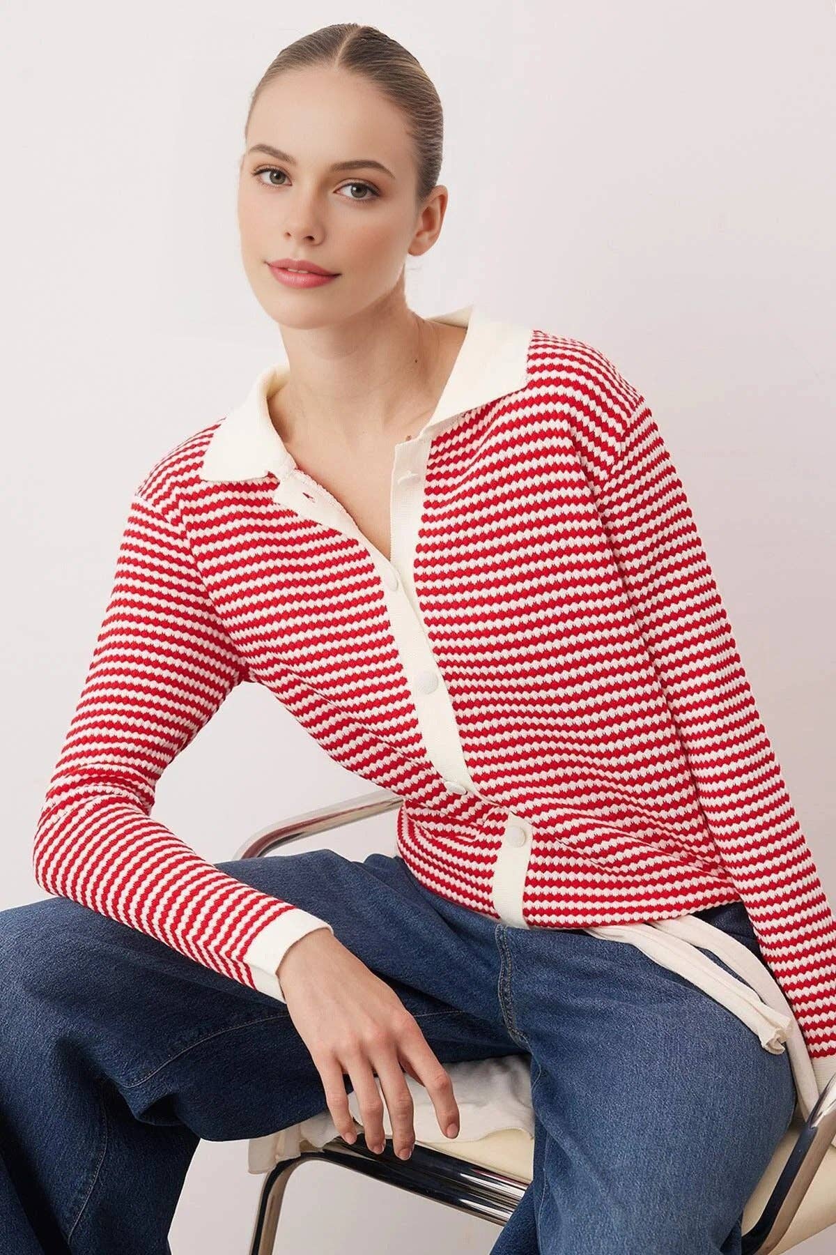 Striped Polo Neck Knit Cardigan: Red / S