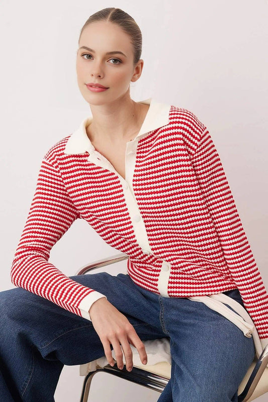 Striped Polo Neck Knit Cardigan: Red / S