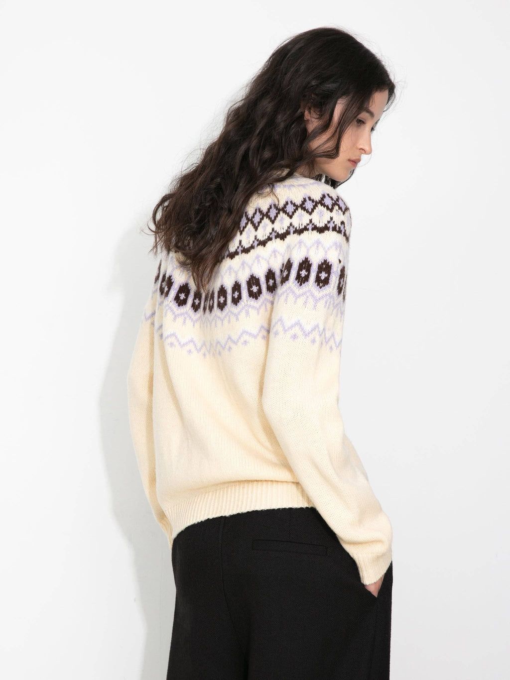 100% Wool Fair Isle Wool Knit Cardigan: Brown / S