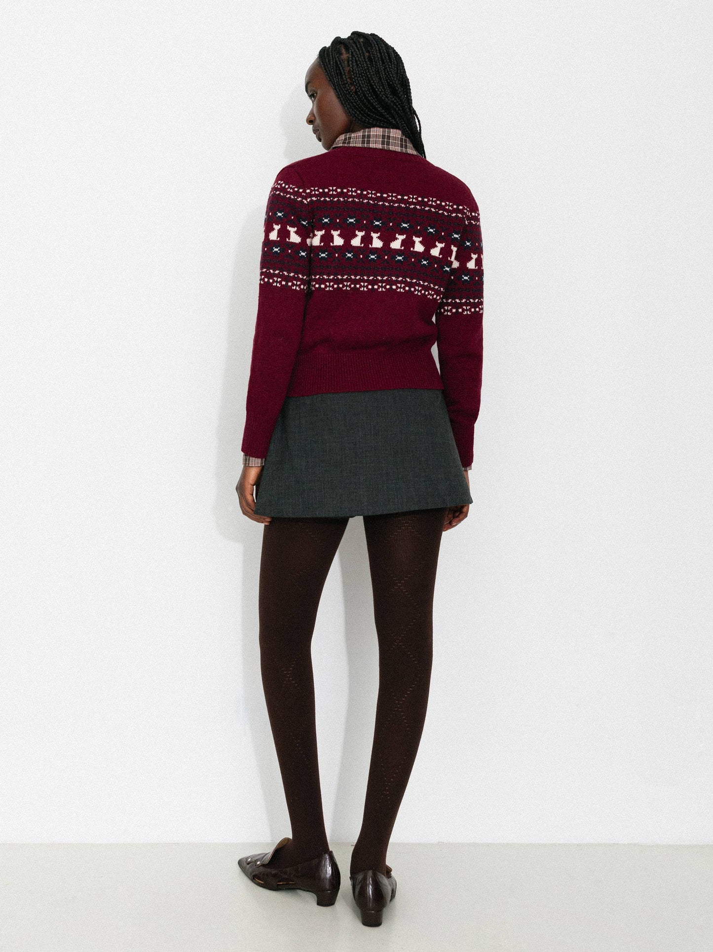 CUBIC Cat Print Fair Isle Wool-Blend Cardigan: Gray / M