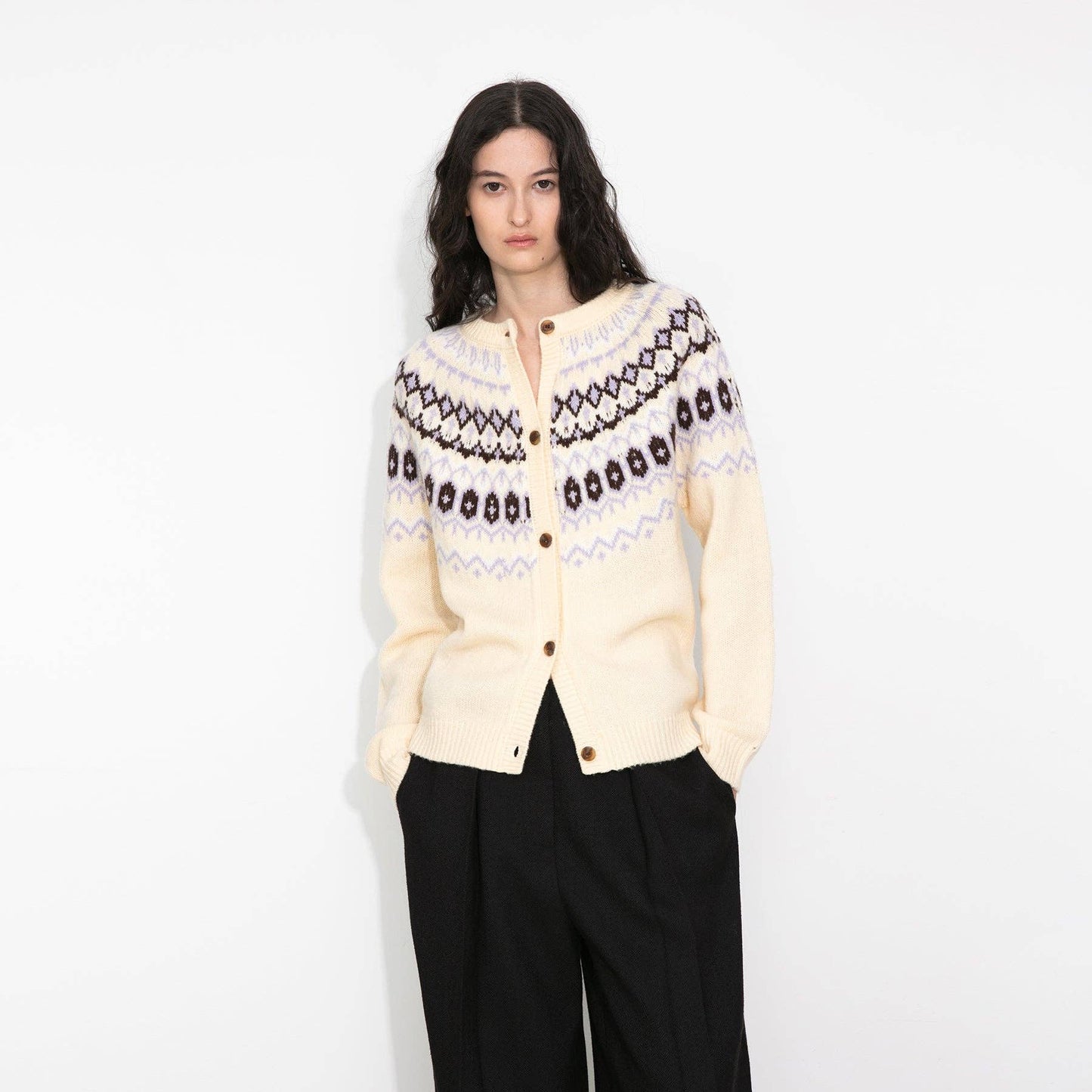 100% Wool Fair Isle Wool Knit Cardigan: Brown / S