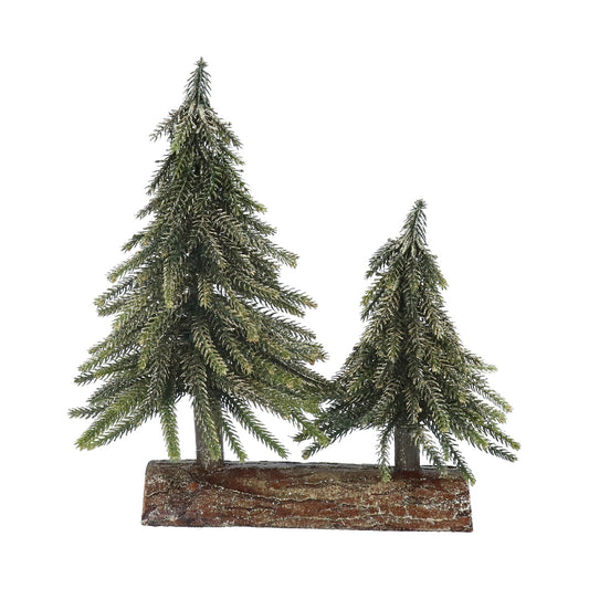 Green double fir tree on log