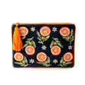 Navy velvet oranges embroidered zip purse