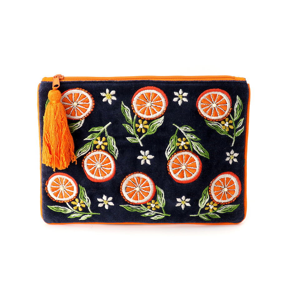 Navy velvet oranges embroidered zip purse