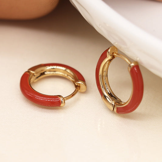 Golden Burnt Sienna Enamel Hoop Earring