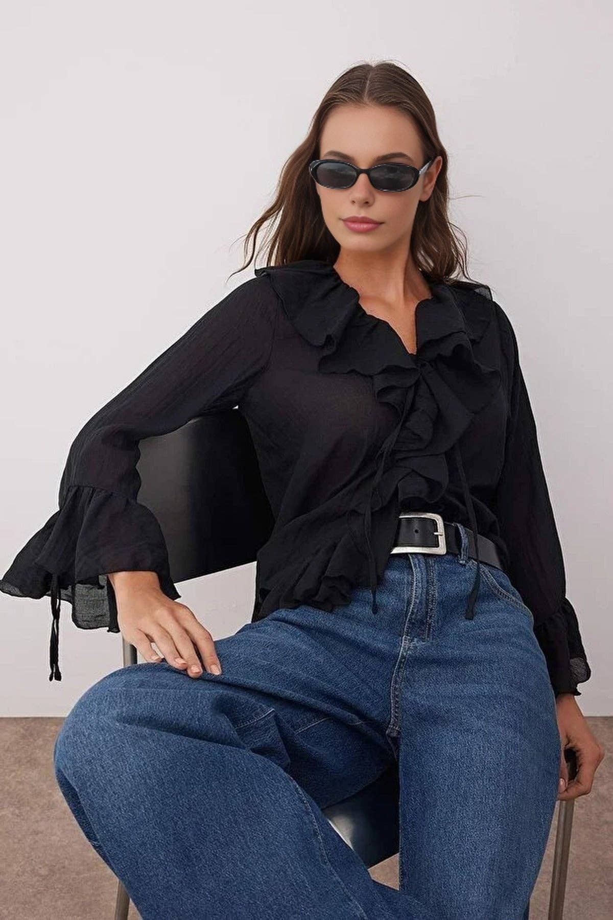 Ruffled Boho Long-Sleeve Woven Blouse: Black / 12