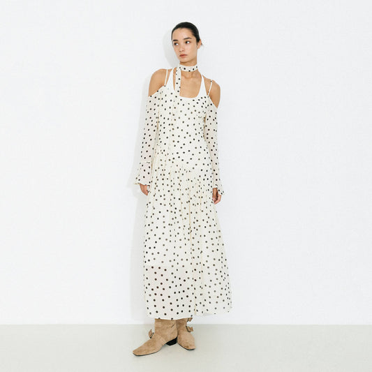 Polka Dot Off-Shoulder Cami Sleeve Maxi Dress: Beige / S