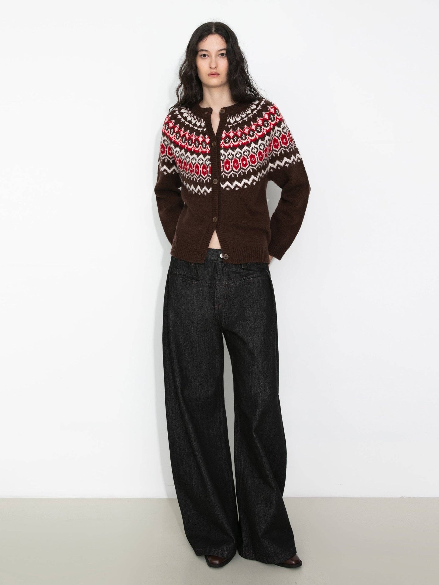 100% Wool Fair Isle Wool Knit Cardigan: Brown / S