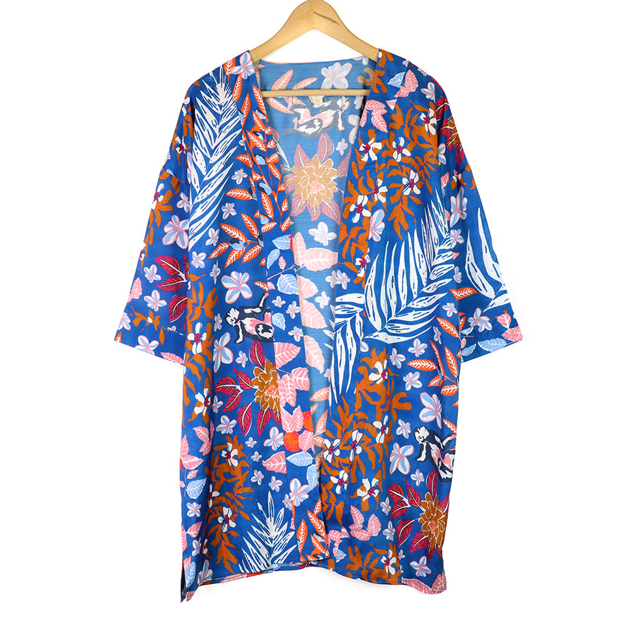 Blue and rust botanical print long kimono