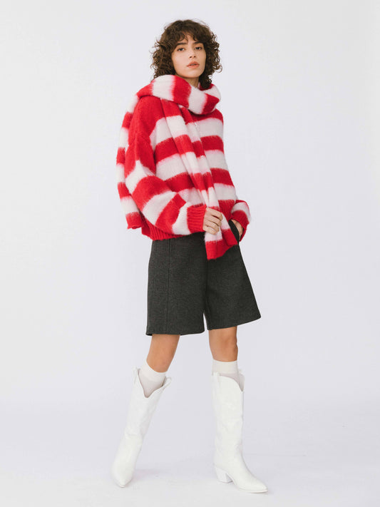 Striped Color Block Wool Knit Cardigan With Scarf: Red stripe / UN