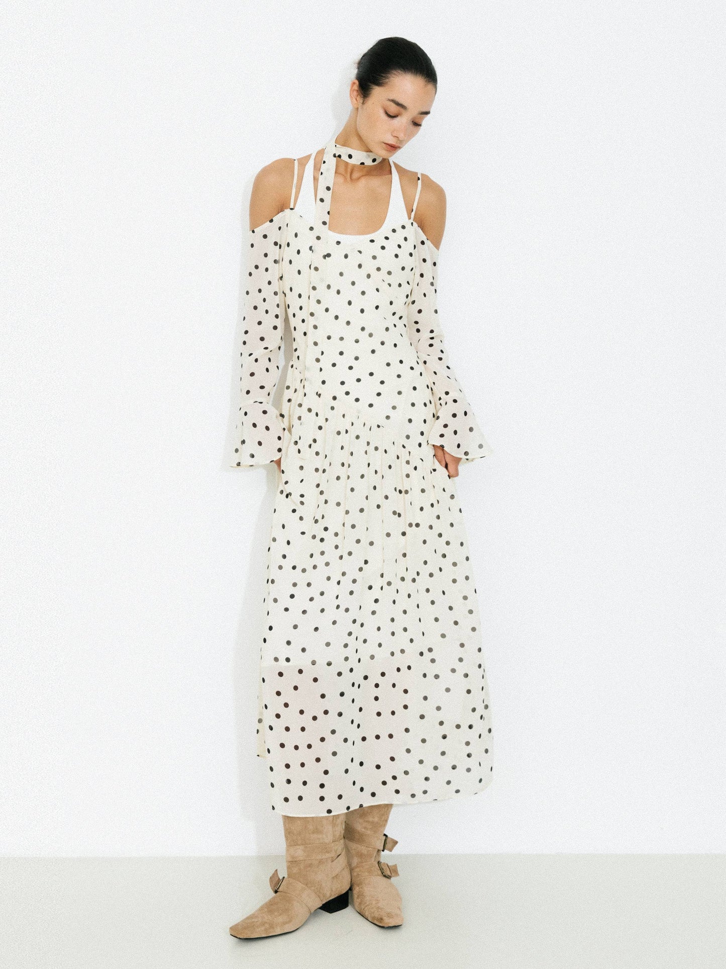 Polka Dot Off-Shoulder Cami Sleeve Maxi Dress: Beige / S