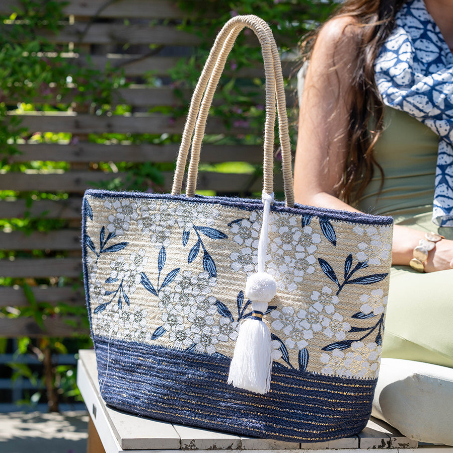 Hydrangea print jute bag