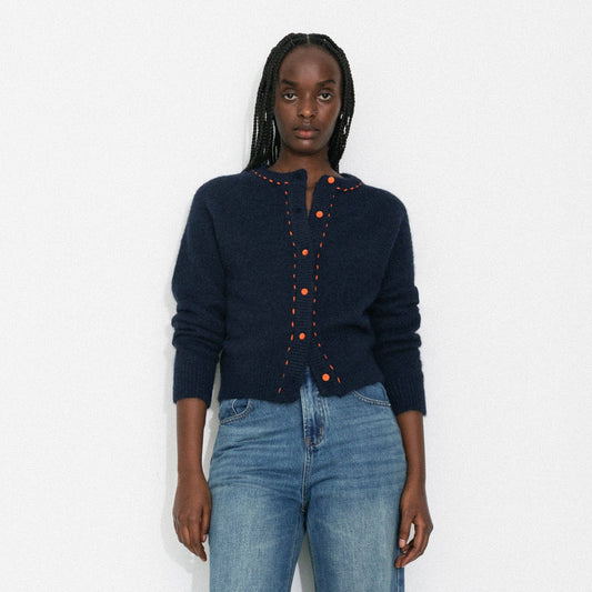 Wool-Blend Contrast Ribbed Cuff Cardigan: Navy / UN