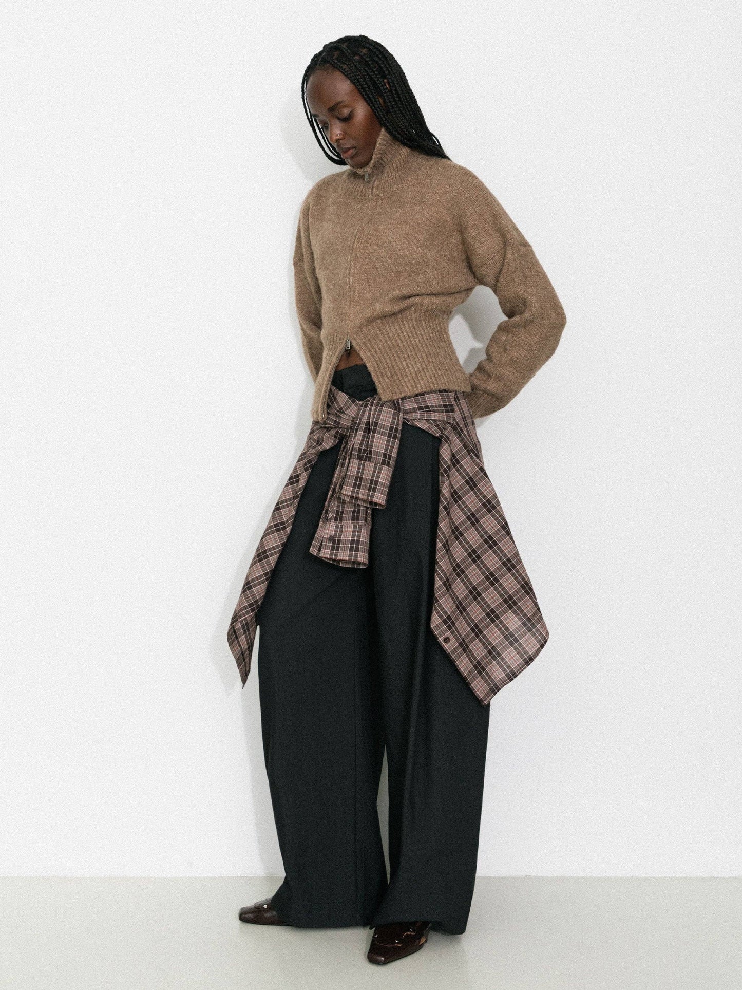 Retro Stand Collar Zip-Up Cardigan: Khaki / M